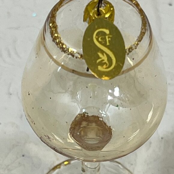 VTG SCF Mini Wine Glass Shaped Hand Blown Gold Glitter Trim Christmas Ornament - Picture 2 of 8